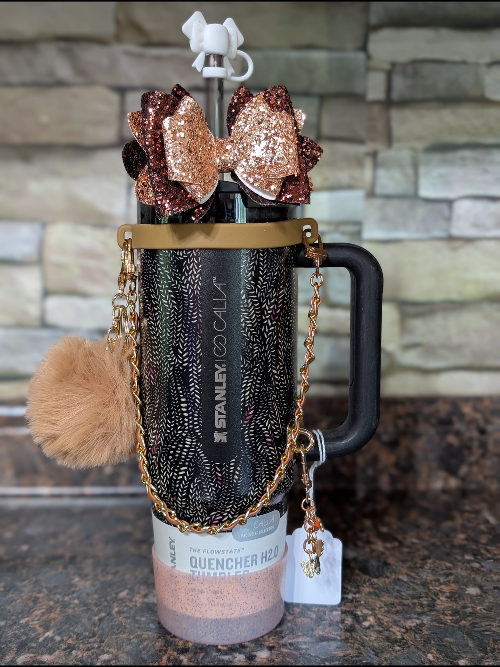 Stanley Black Glitter Quencher Tumbler with Rose Gold Accents